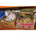 TWO BOXES OF ASSORTED GILT AND PLATER DECORATIVE ITEMS TO INCLUDE WALL HANGING CHERUBS, MIRRORS
