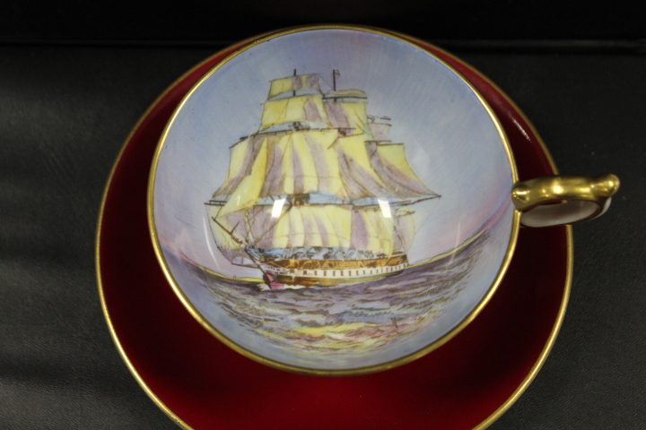 AYNSLEY HANDPAINTED SIGNED SHIP DESIGN CUP AND SAUCER