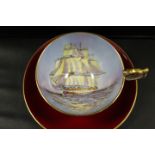 AYNSLEY HANDPAINTED SIGNED SHIP DESIGN CUP AND SAUCER