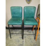 A PAIR OF MODERN TEAL LEATHER BAR STOOLS