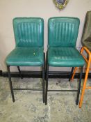 A PAIR OF MODERN TEAL LEATHER BAR STOOLS