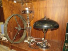 A MID CENTURY RETRO MUSHROOM TOP DESK LAMP, TOGETHER WITH AN ANTIQUE CHERUBIC BRASS CEILING LIGHT