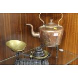 VICTORIAN COPPER KETTLE ON STAND AND KITCHEN SCALES WITH WEIGHTS