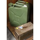 A 20L METAL JERRY CAN TOGETHER WITH AN AMMUNITION BOX