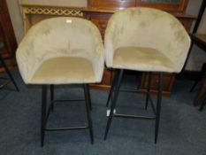 A NEAR PAIR OF UPHOLSTERED BAR STOOLS - DIFFERENT SEAT HEIGHTS