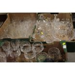 THREE TRAYS OF ASSORTED GLASSWARE TO INCLUDE CUT GLASS BOWLS. DRINKING GLASSES ETC