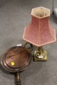 A VINTAGE BRASS COLUMN LAMP TOGETHER WITH A COPPER WARMING PAN