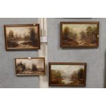 FOUR FRAMED OILS ON CANVAS OF WOODLAND RIVER SCENES BY E. WALKER 1968