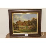 A SMALL FRAMED OIL ON BOARD OF A COUNTRY COTTAGE