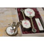 A VINTAGE PETIT POINT EMBROIDERED DRESSING TABLE SET