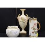 THREE PIECES OF ROYAL WORCESTER CONSISTING OF A MASK TWIN HANDED VASE, SMALL JUG AND LIDDED POT WITH