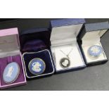 FOUR WEDGWOOD JASPERWARE CAMEO BROOCHES/ NECKLACE TWO STAMPED HALLMARKED SILVER