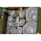 A TRAY OF ASSORTED WEDGWOOD BLUE JASPERWARE