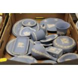 A TRAY OF ASSORTED WEDGWOOD BLUE JASPERWARE ITEMS