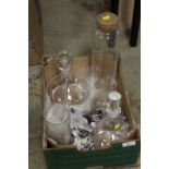 A SMALL TRAY OF GLASS DECANTERS ETC