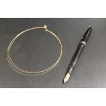 A HALLMARKED 9CT GOLD THREE STRAND NECKLACE TOGETHER WITH A 14 CT GOLD NIBBED FOUNTAIN PEN (2)