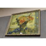 A GILT FRAMED AND GLAZED LITHOGRAPHIC STYLE STILL LIFE PRINT OF FLOWERS IN A VASE BY A GUSTEIGER