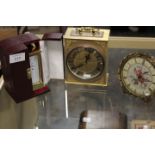 A CASED BRASS DAVID PETERSON CARRIAGE CLOCK TOGETHER WITH TWO OTHER CLOCKS (3)