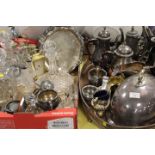 TWO TRAYS OF ASSORTED GLASS AND METALWARE TO INCLUDE DECANTERS, GALLERY TRAY ETC