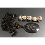 A VINTAGE GILT METAL BRACELET WITH INSET HAND PAINTED MOTHER OF PEARL PANELS, TOGETHER WITH A