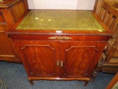 A REPRODUCTION LEATHER TOPPED CABINET AND A FIRESCREEN (2)