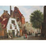 A MODERN OIL ON CANVAS DEPICTING A 19TH CENTURY STREET SCENE SIGNED E A JAMES