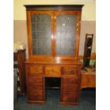 A LARGE EARLY 20TH CENTURY MAHOGANY SECRETAIRE GLAZED BOOKCASE H-213 W-121 CM