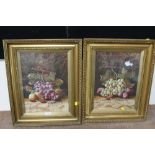 A PAIR OF GILT FRAMED OIL ON BOARD STILL LIFE SCENE - ONE WITH BADLY DAMAGED GLASS, SIGNED LOWER