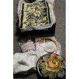 A TRAY OF ASSORTED TEXTILES, CROSS STITCH ACCESSORIES ETC