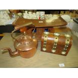 AN UNUSUAL TRIBAL STOOL, WALNUT DOMED BOX AND A COPPER KETTLE (3)