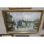 A GILT FRAMED OIL ON CANVAS OF A CONTINENTAL STREET SCENE, SIGNED PELBAN