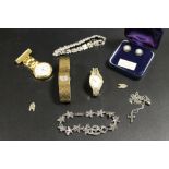 A COLLECTION OF COSTUME JEWELLERY AND WATCHES ETC TO INCLUDE A PAIR OF WEDGWOOD EARRINGS