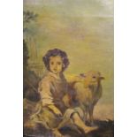 A GILT FRAMED OIL ON CANVAS OF A BOY WITH A SHEEP TOGETHER WITH A WATERCOLOUR OF PEOPLE BOATING ON A