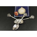 THREE HALLMARKED SILVER EQUESTRIAN THEMED TEASPOONS TOGETHER WITH A NATIONAL HUNTER SHOW MEDAL AND