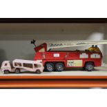 A TONKA TOY FIRE ENGINE A/F TOGETHER WITH A CLOVER TOY TRANSPORTER (2)