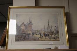 EDWIN HALL (1827-1877) WATER COLOUR OF A TOWN SCENE. SIGNED TWICE, ONCE TO A BARREL (TOWN LOFT AND