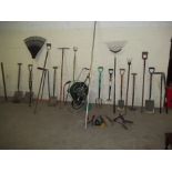 A LARGE SELECTION OF GARDEN TOOLS TO INCLUDE HOSEPIPE