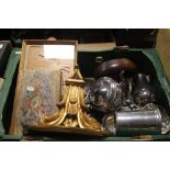 A TRAY OF ASSORTED METALWARE ETC (TRAY/S NOT INCLUDED)