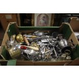 A TRAY OF ASSORTED METALWARE (TRAY/S NOT INCLUDED)