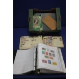 A BOX OF ASSORTED STAMPS IN ALBUMS, STOCK BOOKS ETC