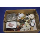 A BOX OF COLLECTABLES TO INCLUDE AN INGERSOL WATCH, CERAMICS ETC