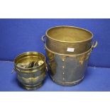 TWO BRASS COAL BUCKETS, SMALL BRASS POT AND A COLLECTION OF BRASS WEIGHTS