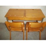 A VINTAGE SCHOOL DESK AND 2 CHAIRS