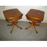 TWO YEW REPRODUCTION INLAID RETRO OCCASIONAL SIDE TABLES WITH DRAWER