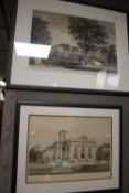 A PAIR OF ENGRAVINGS FRAMED UNDER GLASS VIEWS OF KIDDERMINSTER CORN EXCHANGE 56.5 CM X 46.5 CM AND