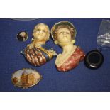 TWO RESIN HEADS, TWO MINIATURE PORTRAITS ETC