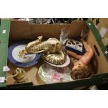 A TRAY OF SUNDRIES TO INCLUDE AN ELEPHANTS HEAD, DOLL ETC (TRAY/S NOT INCLUDED)