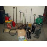 A LARGE SELECTION OF GARDEN TOOLS TO INCLUDE A HOSEPIPE