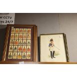 THREE FRAMED SETS OF CIGARETTE CARDS TOGETHER WITH 3 MILITARY TYPE PRINTS