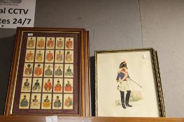 THREE FRAMED SETS OF CIGARETTE CARDS TOGETHER WITH 3 MILITARY TYPE PRINTS